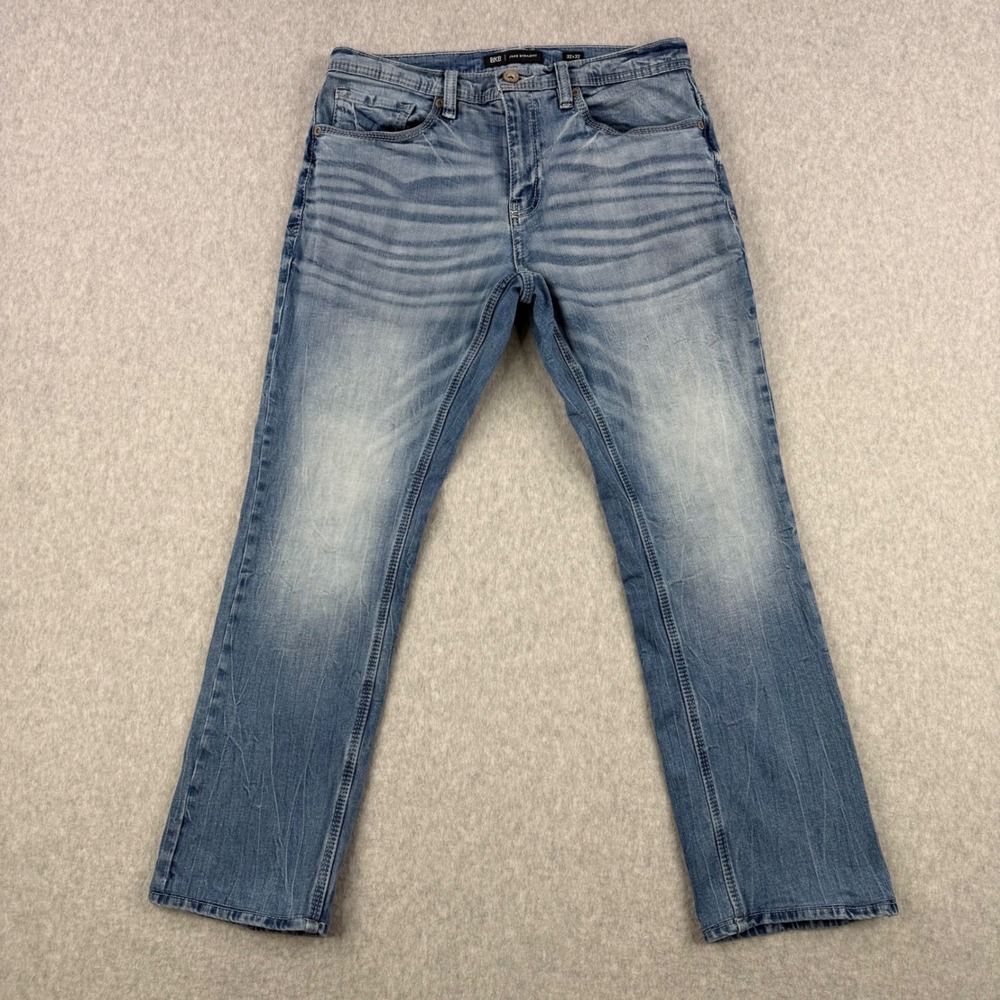 BKE Jeans Mens 32x32 (Fits 32x28) Blue Jake Straight Distressed Whiskered Denim